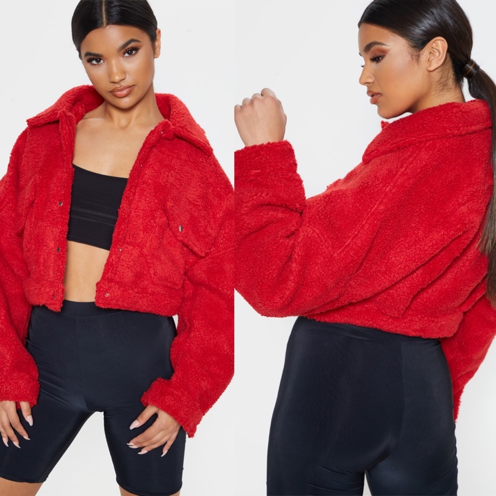 BNWT PLT Red Sherpa Cropped Trucker Jacket